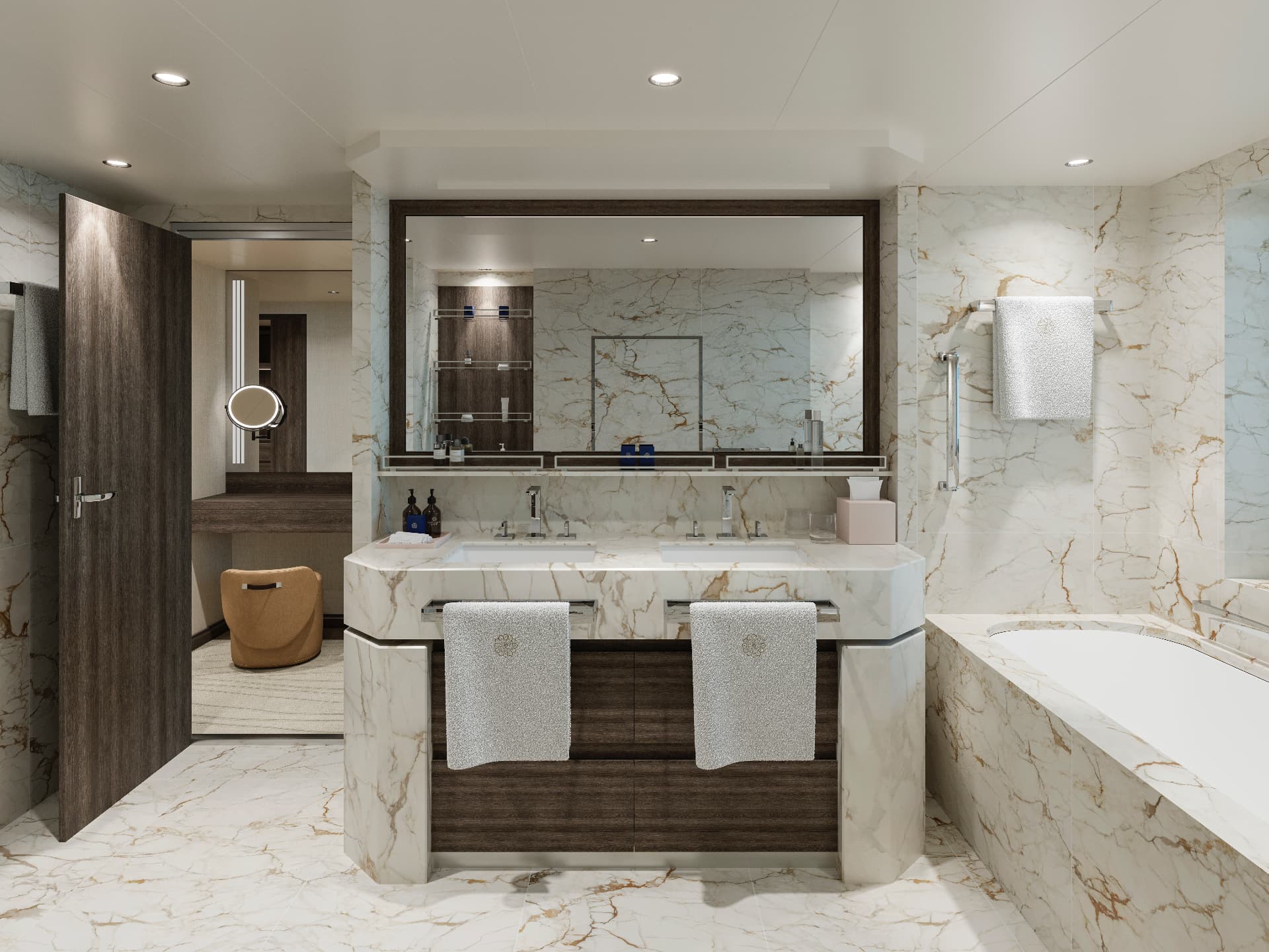 Marble bathroom with walk-in shower on Explora II, Explora Journeys suite