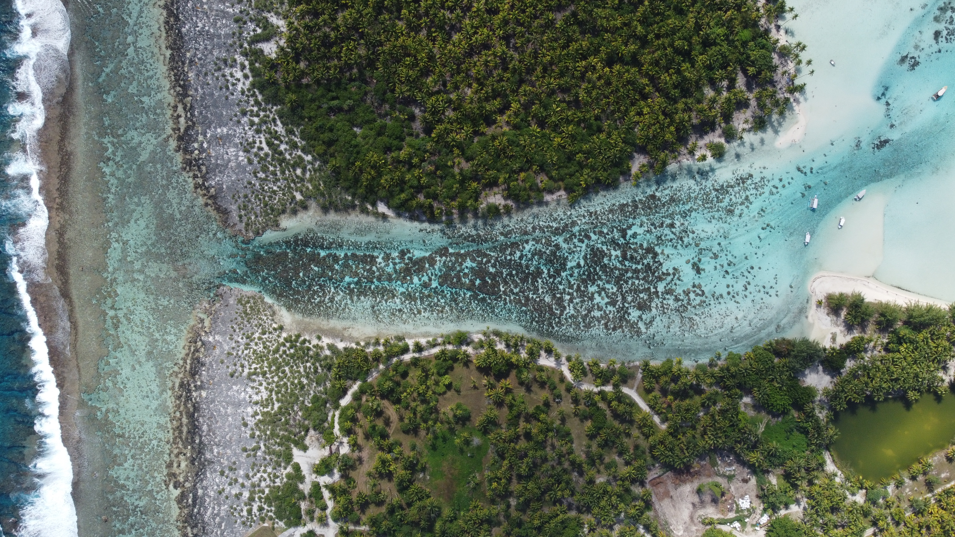 Aerial view of Bora Bora lagoon showing the coral garden area, French Polynesia