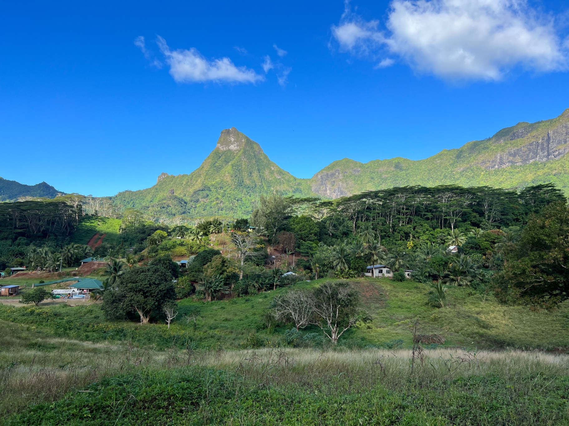 Moorea's jagged green peaks rising above the lagoon, French Polynesia