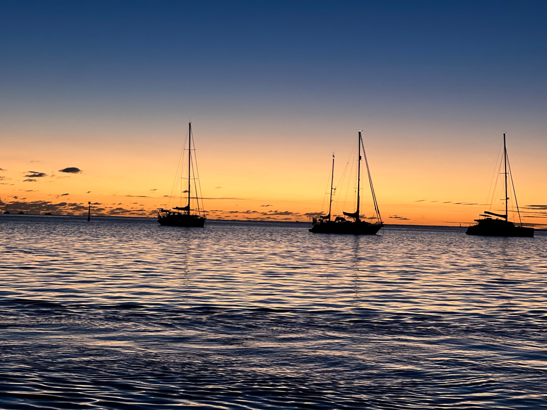 Sailboats anchored at sunset in the waters of French Polynesia