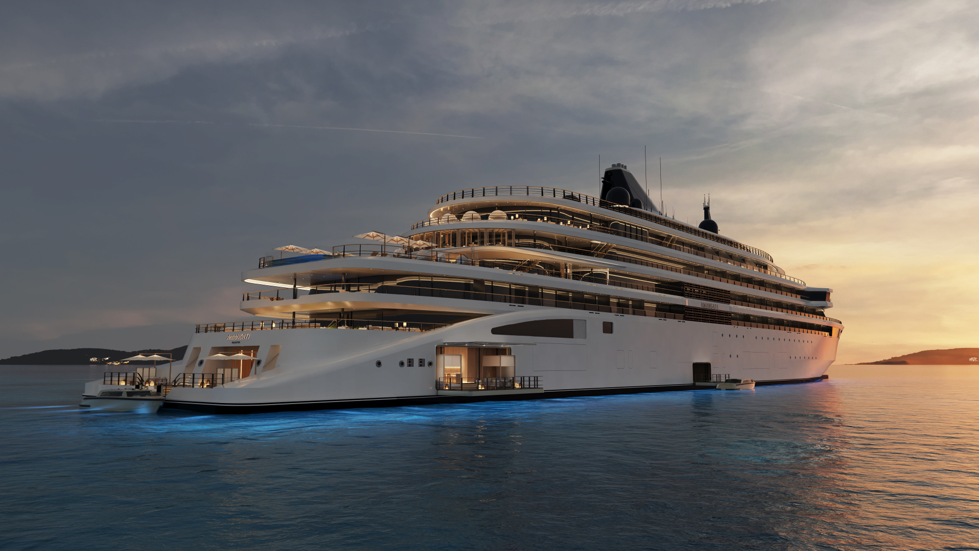 Amangati luxury motor yacht by Aman at Sea at golden hour