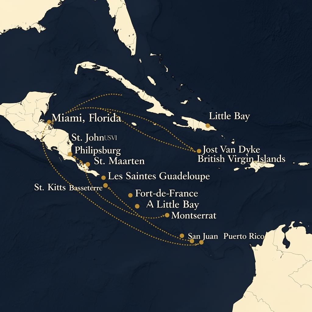 Silver Shadow Caribbean cruise route map from Miami to San Juan