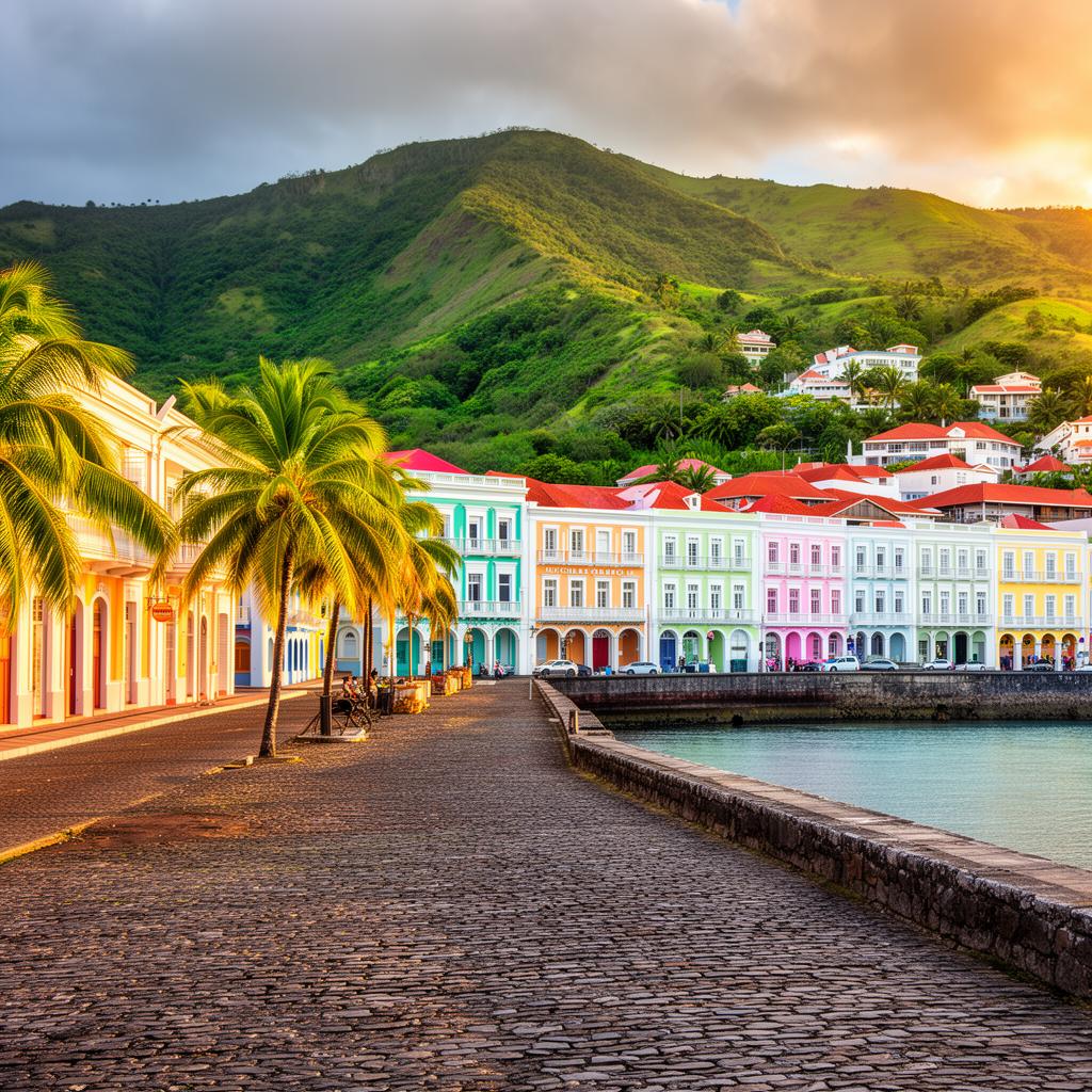 Colorful colonial Caribbean port town along the waterfront
