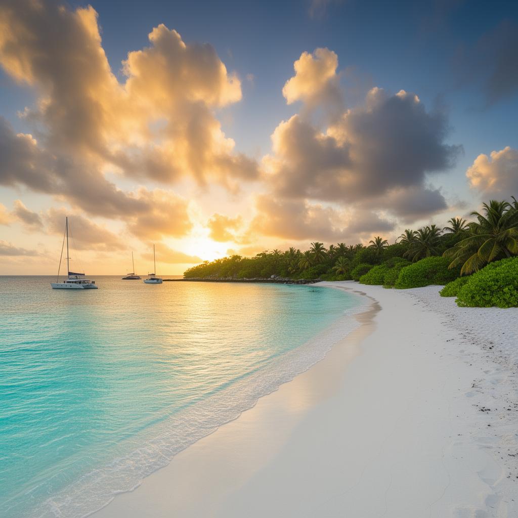 Pristine Caribbean beach at sunset with crystal clear water