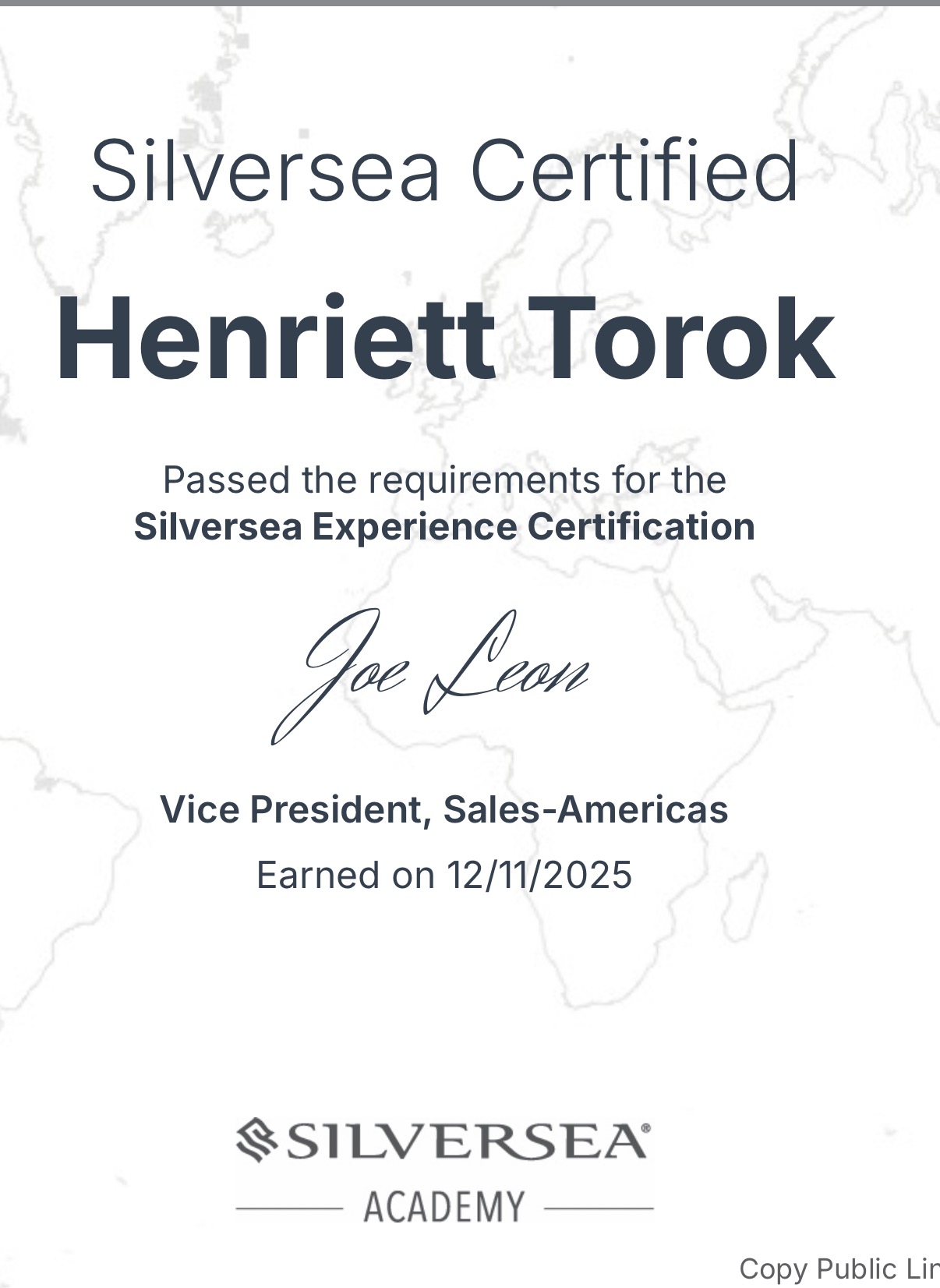 Silversea Experience Certification awarded to Henriett Torok