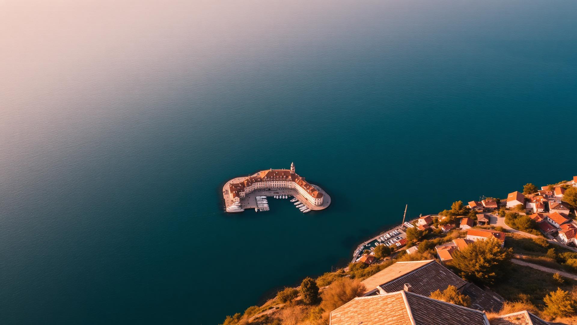 Aerial view of Vis Town harbor, Vis Island, Croatia at golden hour