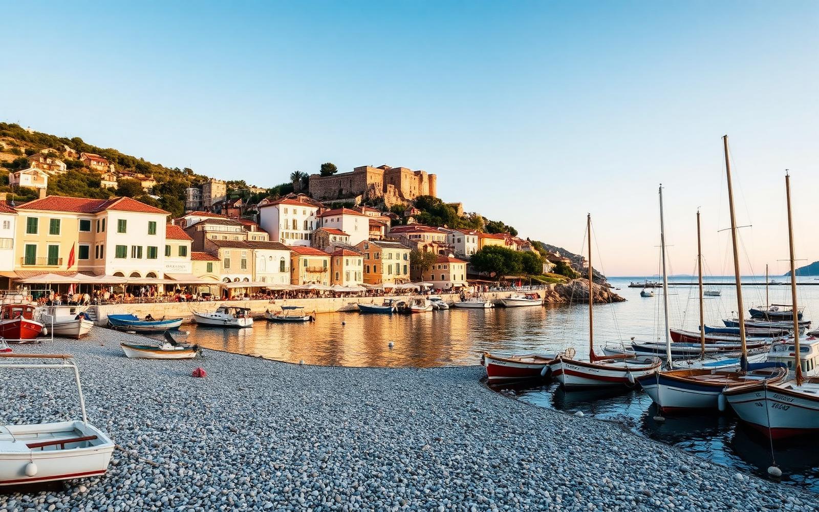 Komiža fishing village harbor with wooden boats and Fort George above, Vis Island, Croatia