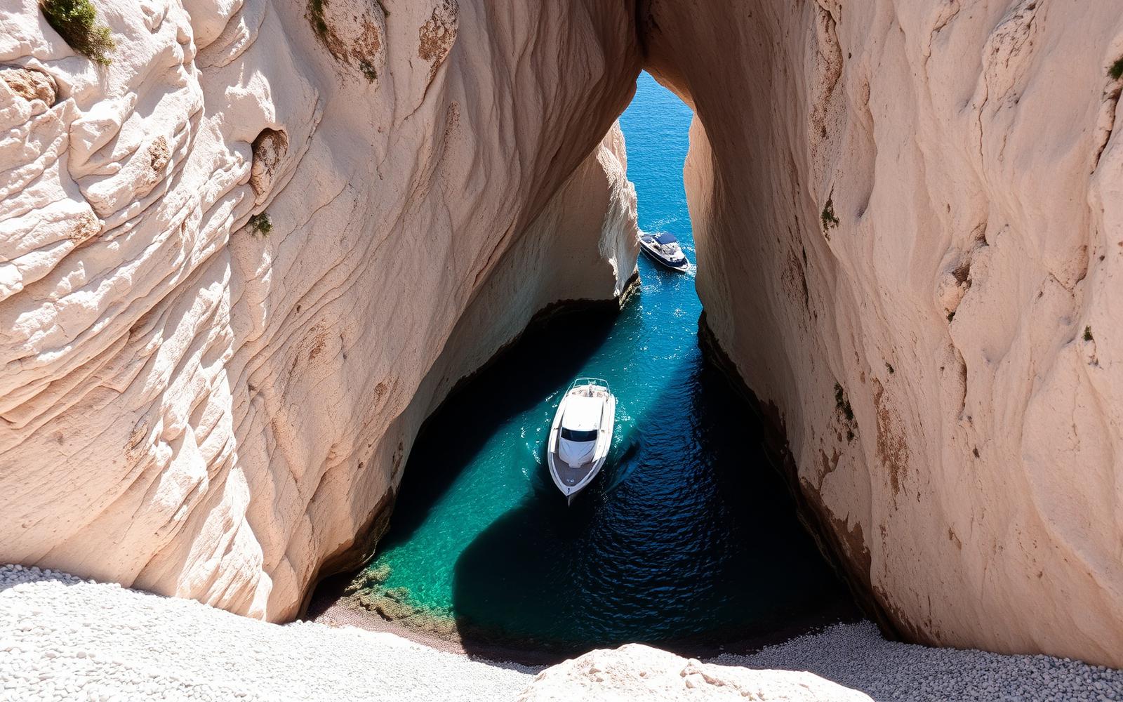 Tender boat entering Stiniva Cove through white limestone cliffs, Vis Island, Croatia