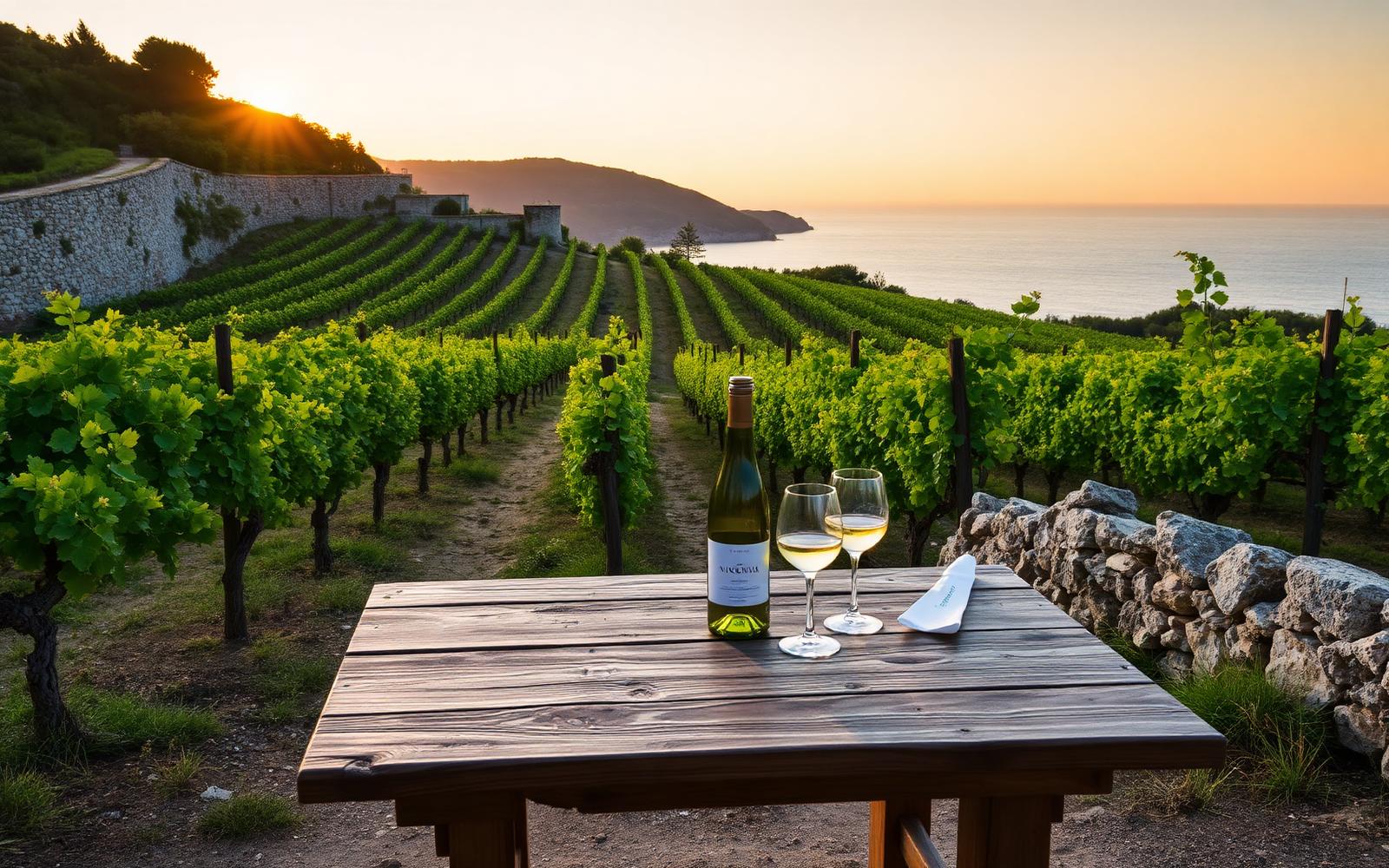 Vugava vineyard overlooking the Adriatic at sunset, Vis Island, Croatia